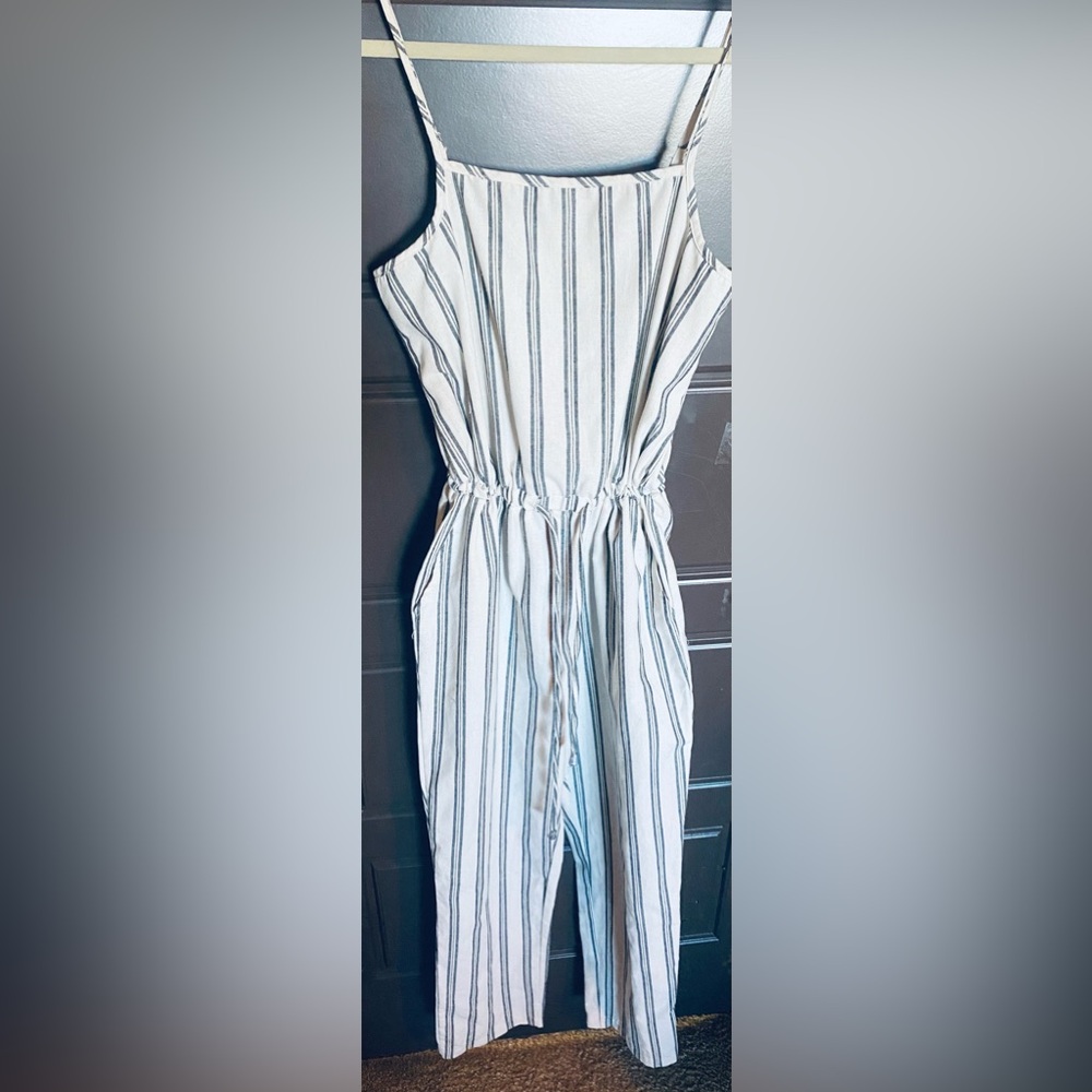 Striped White & Blue Sleeveless Jumpsuit